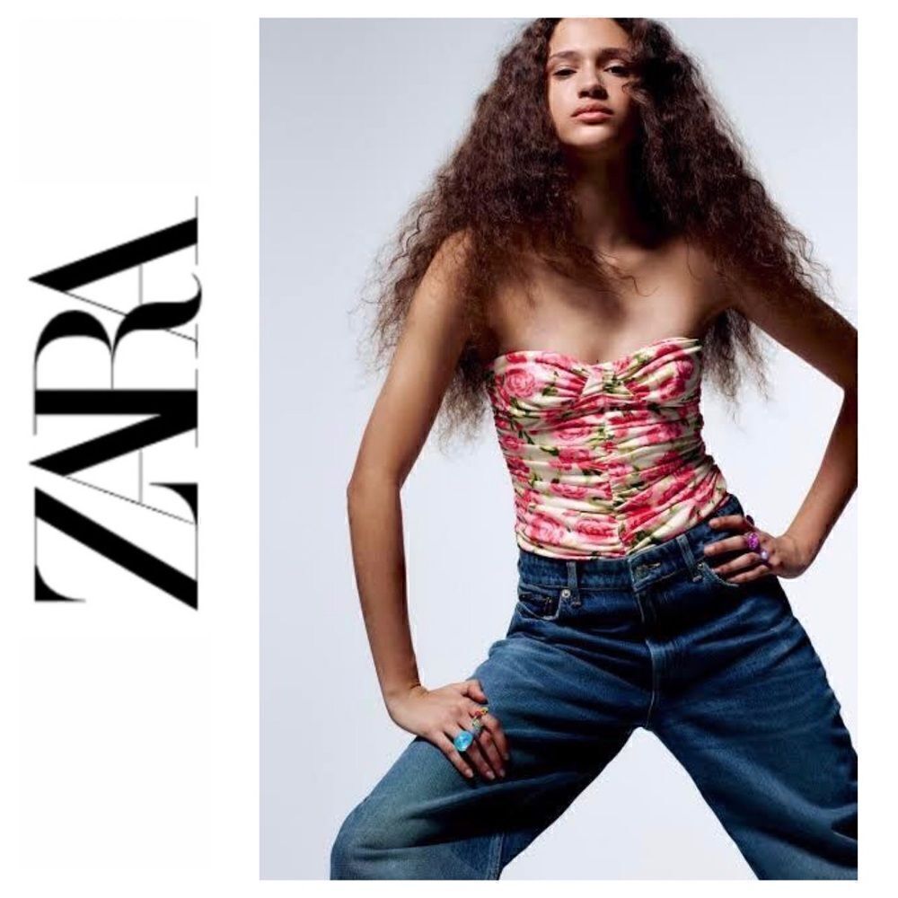 NWT Zara Blogger’s Favorite Floral Draped Sweetheart Neckline Strapless Bodysuit